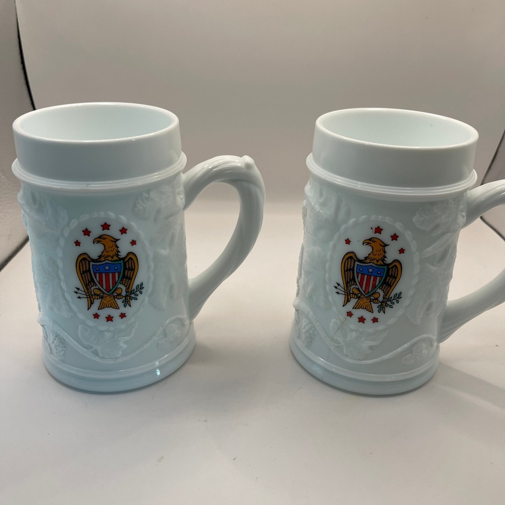 Anheuser-Busch Beer Stein Mug Set 2pc White Milk Glass Eagle Americana Vintage